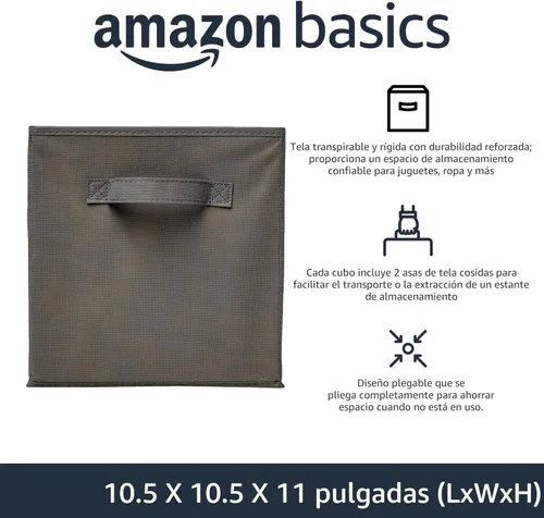 Miniatura 2 de Amazon Basics - Cestos plegables de tela para almacenar, organizadores con asas, 10.5 x 10.5 x 11 pulgadas, color gris, paquete de 6