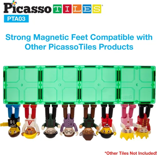 Miniatura 2 de PicassoTiles Figuras magnéticas + 100 azulejos magnéticos + 2 camiones de automóvil, juego de expansión de imán de acción de personajes de 8 piezas