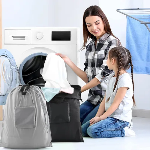Miniatura 7 de 2 piezas de bolsas de lavandería de viaje JHX, organizador de ropa sucia【Actualizado】con asas y mosquetón de aluminio para viajes, campamento, Negro