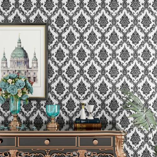 ReWallpaper Papel tapiz de damasco blanco y negro para despegar y pegar, papel tapiz victoriano floral negro vintage para dormitorio, autoadhesivo,