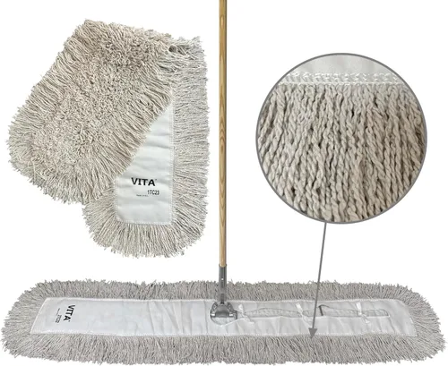 Miniatura 10 de Kit de trapeador industrial para polvo, incluye cabezal de trapeador de bucle cerrado trenzado azul de 48 pulgadas, mango de madera y marco