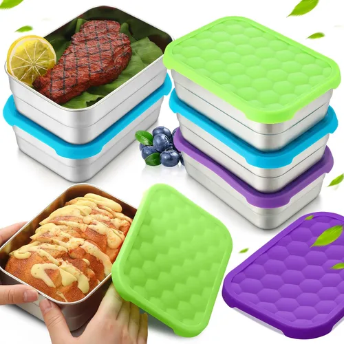 Layhit 6 recipientes de acero inoxidable para niños, recipientes de almuerzo de 25 onzas con tapas de silicona para fugas, caja de aperitivos de