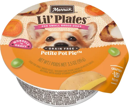 Merrick Lil' Plates - Alimento húmedo sin cereales para perros pequeños, receta Petite Pot Pie, 12 envases de 3.5 onzas