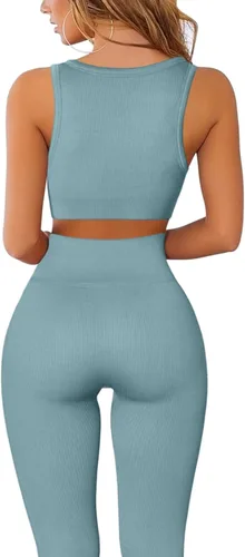 Miniatura 2 de QINSEN Conjuntos de entrenamiento para mujer, 2 piezas, acanalados, sin costuras, sin mangas, cintura alta, leggings de yoga