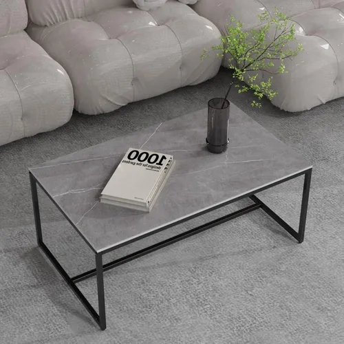 Miniatura 8 de Wisfor Mesa de centro rectangular de piedra sinterizada de mármol con patas de metal para sala de estar, 40 x 24 x 17 pulgadas, gris