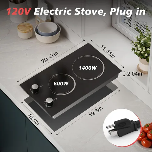 Miniatura 7 de Placa de cocina eléctrica, 2 quemadores, estufa eléctrica de 110 V 2000 W con control de perilla, encimera eléctrica radiante de 12 pulgadas e