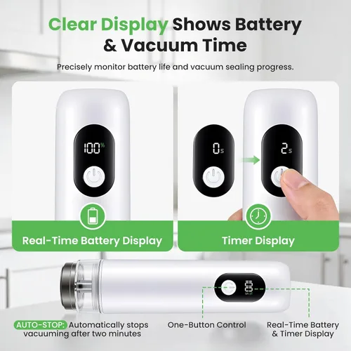 Miniatura 6 de Máquina compacta selladora al vacío con batería de 1500 mAh, sellador de alimentos de mano con 30 bolsas reutilizables, succión de 60 kPa y carga