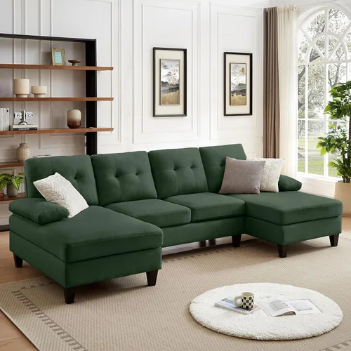 Miniatura 12 de Sofá modular de 111 pulgadas para sala de estar, sofá en forma de U de 4 plazas con doble diván de fibra de lino de poliéster, beige Gris claro