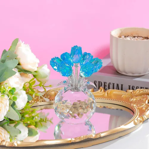 Miniatura 5 de Figura de cristal de rosa azul lago con jarrón, ramo de flores, adorno de regalo para esposa, novia, mujer, flor de cristal hecha a mano, decoración