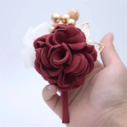Miniatura 2 de Boutonniere de satén para hombre, diseño de flores de novia para boda, fiesta de graduación, 2 unidades, color burdeos