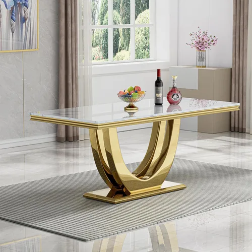 Miniatura 22 de Mesa de comedor de cristal de 51 pulgadas, mesa de comedor para 4-6, mesa de cocina dorada con patas de metal superior de vidrio templado