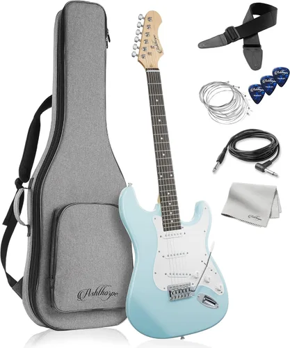 Ashthorpe - Guitarra eléctrica de 39 pulgadas (azul cielo y plateado), kit de guitarra de tamaño completo con bolsa acolchada, barra de trémolo,