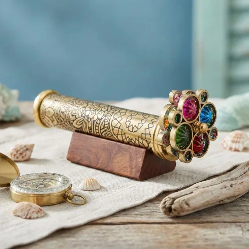 Miniatura 9 de Caleidoscopio de latón lacado con patrón floral grabado a mano, incluye dos ruedas giratorias separadas, un regalo único para mi hijo, nieto, hija.