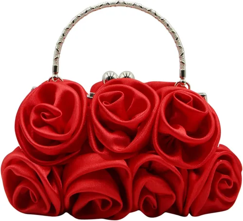RARITYUS Bolso de noche para mujer con forma de rosa de satén sedoso con elegante asa de metal para fiesta, boda
