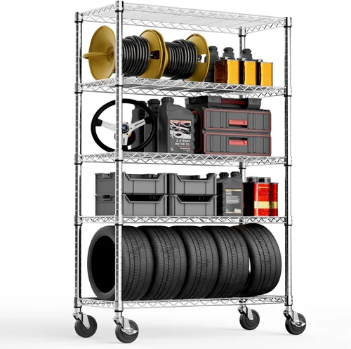 M MZG Estantería de almacenamiento de 5 estantes, estantería de alambre de metal resistente, estantería de almacenamiento ajustable para garaje,