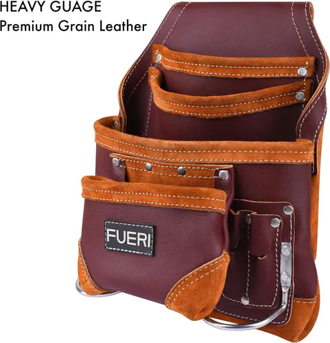 Miniatura 6 de FUERI Bolsa profesional de 10 bolsillos para herramientas de carpintero Cuero de grano premium resistente, soporte de marco ajustable de refuerzo
