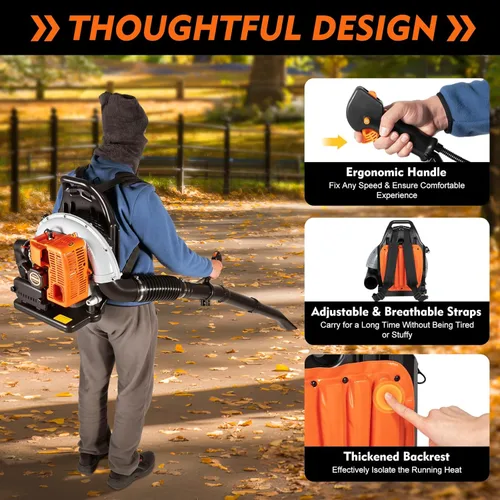 Miniatura 5 de Mochila de gas de 63 cc, soplador de hojas de motor de 2 tiempos a gas para césped, carretera, jardín, desechos, hojas, polvo, soplador de nieve