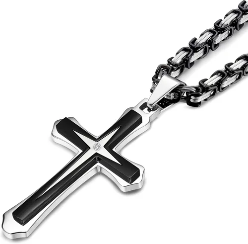 Miniatura 3 de LOLIAS - Collar de cruz de acero inoxidable para hombre de 5MM, cadena bizantina, 22-30 pulgadas 56-76 cm