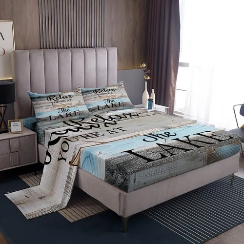 Juego de sábanas bajeras planas de lago, decoración de cabaña de lago, estilo vintage, retro, gris, azul, madera, decoración de lago, vida para