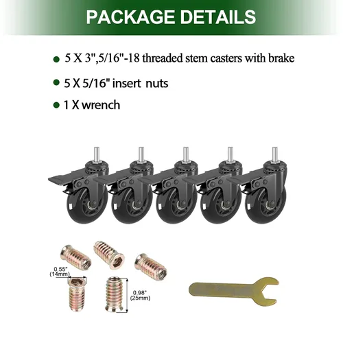 Miniatura 7 de Juego de 5 ruedas giratorias con frenos de metal, ruedas giratorias resistentes de 3 pulgadas con vástago roscado UNC de 5/16 a 18, ruedas de goma