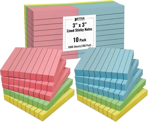 Notas adhesivas forradas de 3 x 3, paquete de 10, 1000 hojas (100/bloc), notas autoadhesivas con líneas, colores pastel surtidos, por Better Office