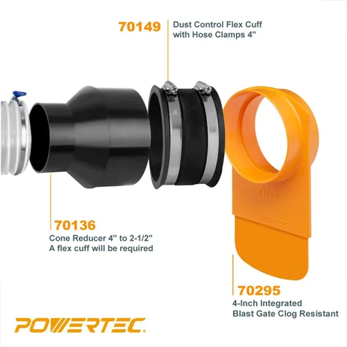 Miniatura 2 de POWERTEC 70366 Puerta de explosión integrada de 4" (patentada) con manguito flexible de 4" y 4" OD a 2-1/2" OD reductor de cono de diámetro exterior