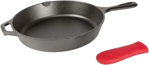 Sartén de hierro fundido Lodge con minimango rojo de silicona de 8 pulgadas