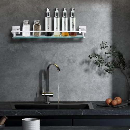 Miniatura 6 de LANC Estante de baño cromado, estantes de vidrio templado flotante de 20 pulgadas, estante rectangular de acero inoxidable montado en la pared