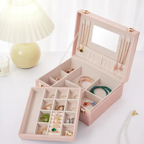 Miniatura 6 de Joyero portátil para mujeres y niñas con piel sintética, caja organizadora de aretes con espejo de maquillaje para regalos de Navidad y Año Nuevo