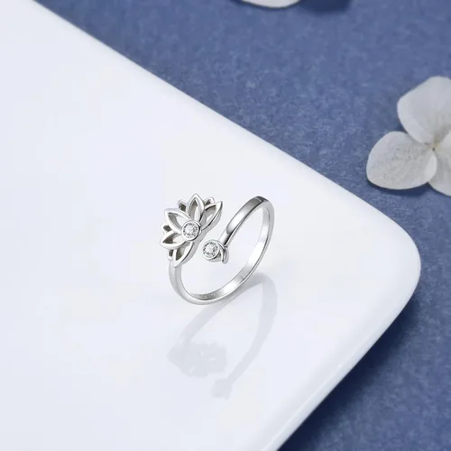 Miniatura 5 de MANBU Anillo de plata de ley con forma de loto y semicócolo Anillo ajustable con diseño de flor de loto, regalo inspirador para mujeres
