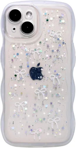 Miniatura 74 de Qokey Funda para iPhone 12 Pro Max de 6.7 pulgadas, diseño de onda rizada, borde transparente, brillante con purpurina, estrella brillante, bonita