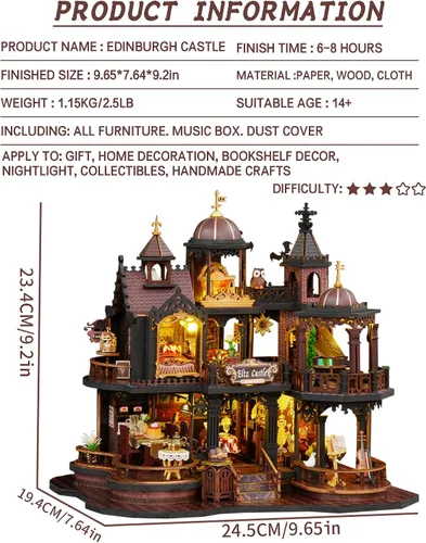Miniatura 2 de Spilay Kit de Casa en Miniatura DIY, Casa de Muñecas Castillo de Edimburgo con Caja de Música y Cubierta Antipolvo, Kit de Rompecabezas de Madera 3D