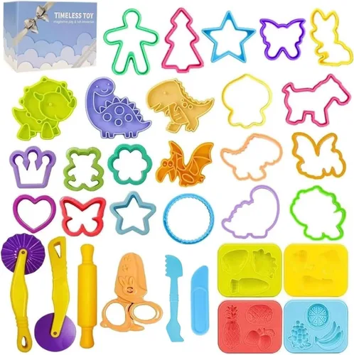 Herramientas de masa para niños, accesorios de masa, moldes de dinosaurio, rodillos de frutas, tijeras y caja de almacenamiento, juego de recuerdos