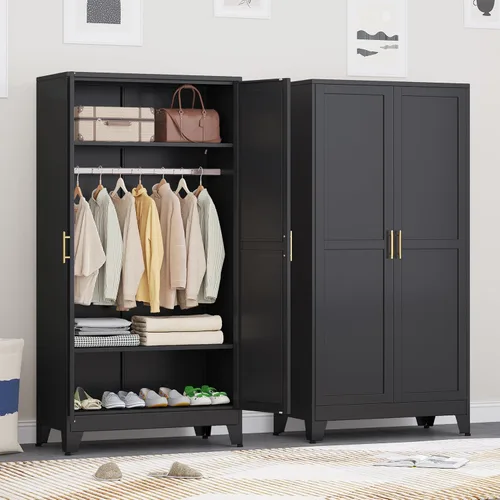 Miniatura 8 de Ckzbx Armario Ropero de Metal de 71" de Alto con Espejo, Estantes Ajustables, Barra para Secar Ropa, Gabinete Ropero de Acero para Dormitorio (Negro)