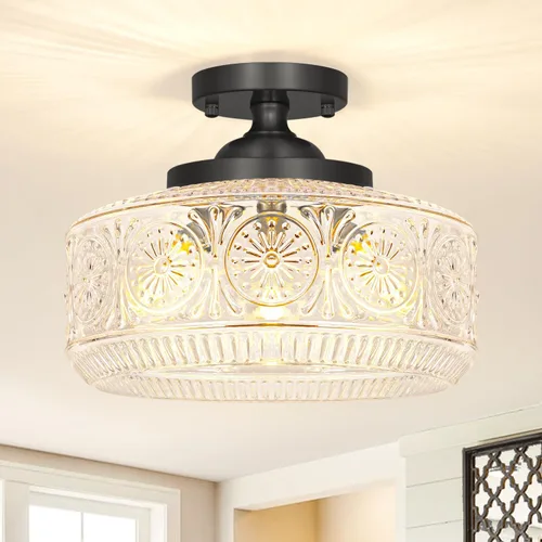 Miniatura 19 de DSMJFU - Lámpara de techo semiempotrada negra, lámpara de techo pequeña vintage, accesorio de iluminación de pasillo de vidrio blanco grueso, luz