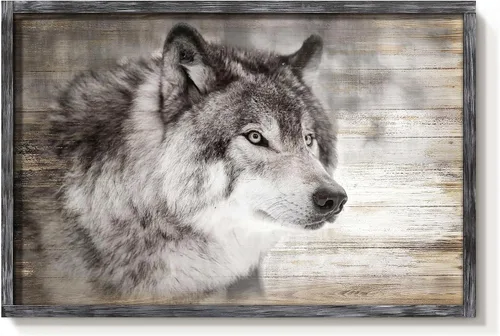 Miniatura 7 de Arte de Pared Enmarcado de Lobo: Pintura Moderna de Animales Salvajes de Madera Rústica Natural Imagen de Vida Silvestre Obra de Arte de Lobo Gris