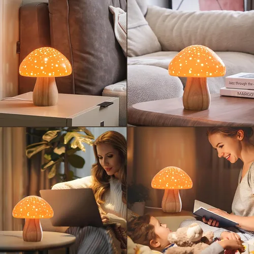 Miniatura 7 de BOHON Lámpara de Hongo, Lámpara de Mesa de Cerámica para Mesita de Noche del Dormitorio, Luz Nocturna Naranja Vintage Retro, Lámpara Estética