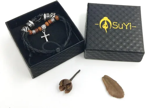 Miniatura 14 de Suyi brazalete ajustable con varias capas, de cuero tejido trenzado con cruz. Pulsera tipo esclava.