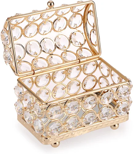 ELLDOO Joyero de cristal, caja organizadora de aretes, anillos, decoración del hogar, caja decorativa con tapa, regalo dorado para San Valentín,