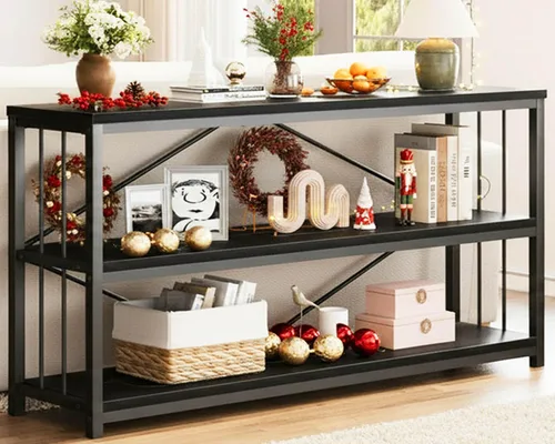 Miniatura 30 de LVB Mesa consola industrial, mesa de sofá de metal y madera, mesa de entrada rústica con almacenamiento, moderno estante de 3 niveles mesa larga