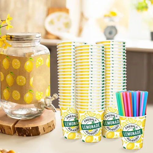 Miniatura 6 de Meanplan 300 piezas/100 juegos de vasos de limonada con tapas y pajitas, vasos desechables para fiestas, tazas de papel de limón, suministros