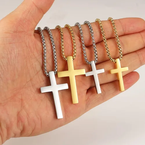 Miniatura 3 de Collar de cruz para hombre Collar con colgante de cruz lisa de acero inoxidable plataoro, regalo de joyería simple, cadena de caja de 18 a 24