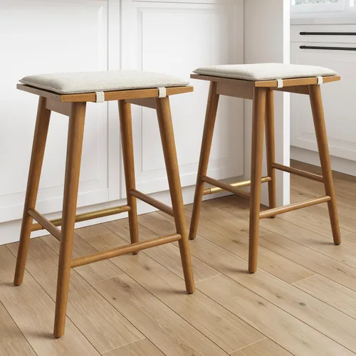 Nathan James Barker Taburete de bar de altura de mostrador de madera maciza con cojín tapizado, taburete de isla sin respaldo con patas de madera de