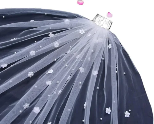 Accesorio de boda velo de boda con perlas, decoración floral blanca en 3D, velos cortos de novia con peine de borde cortado, accesorios para el