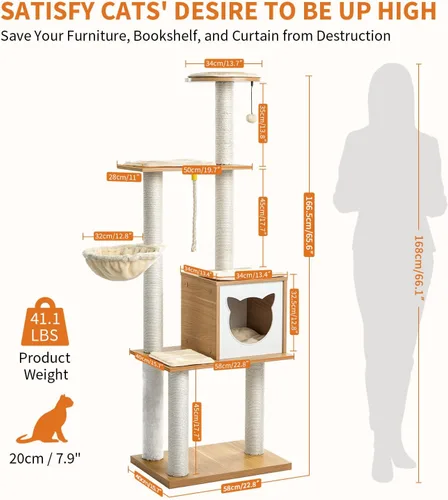 Miniatura 2 de Made4Pets - Árbol para gatos, torre moderna para gatos de interior, condominio de madera de 65 pulgadas de alto con hamaca, poste rascador