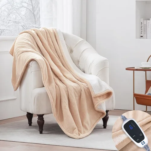Miniatura 3 de Sealy - Manta eléctrica térmica, manta de franela y sherpa con 6 ajustes de calor y apagado automático de 2-10 horas, calentamiento rápido y Beige