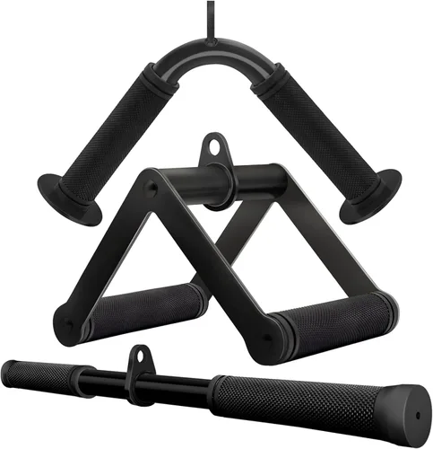 Miniatura 8 de Accesorio de cable de doble mango en D para entrenamiento con pesas, de acero con empuñadura de goma antideslizante (negro)