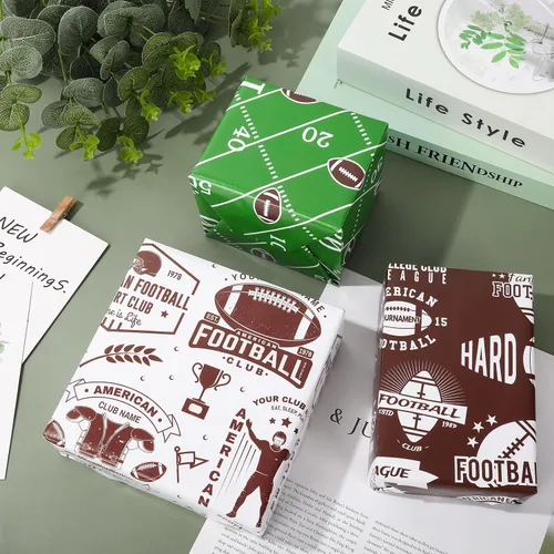 Miniatura 4 de AnyDesign 12 hojas de papel de regalo de rugby, no enrollable, papel de regalo para casco de fútbol, papel de arte a granel blanco, verde, marrón