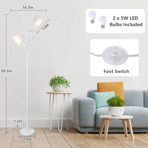 Miniatura 3 de HMVPL Lámpara de pie blanca con flores, lámpara alta floral con 2 bombillas LED de 5W, interruptor de pie, lámpara de pie moderna de esquina
