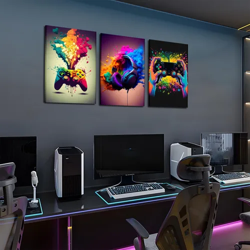 Miniatura 6 de Juego de Arte de Pared para Decoración de Sala de Juegos de 3 Piezas - Decoración de Pared de Control de Videojuegos para Gamers, Póster de Lienzo